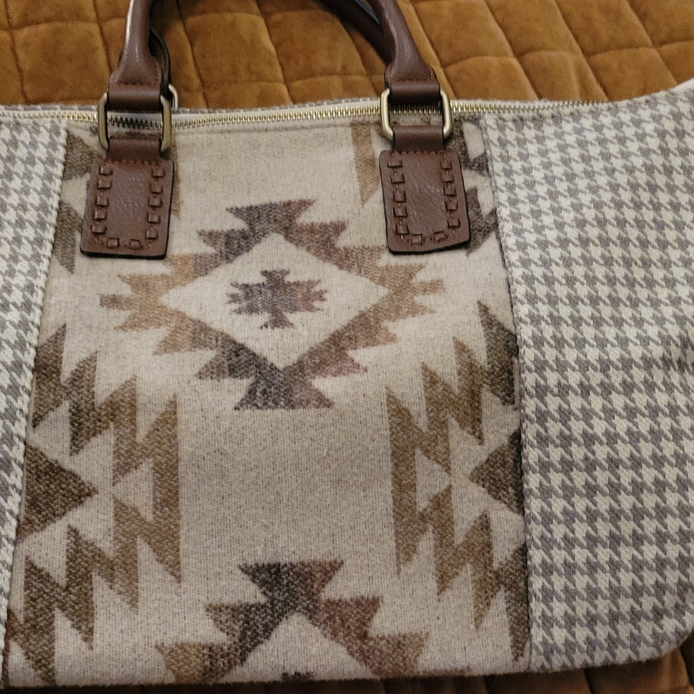 Geometric Patterned Tote Bag with Brown Handles